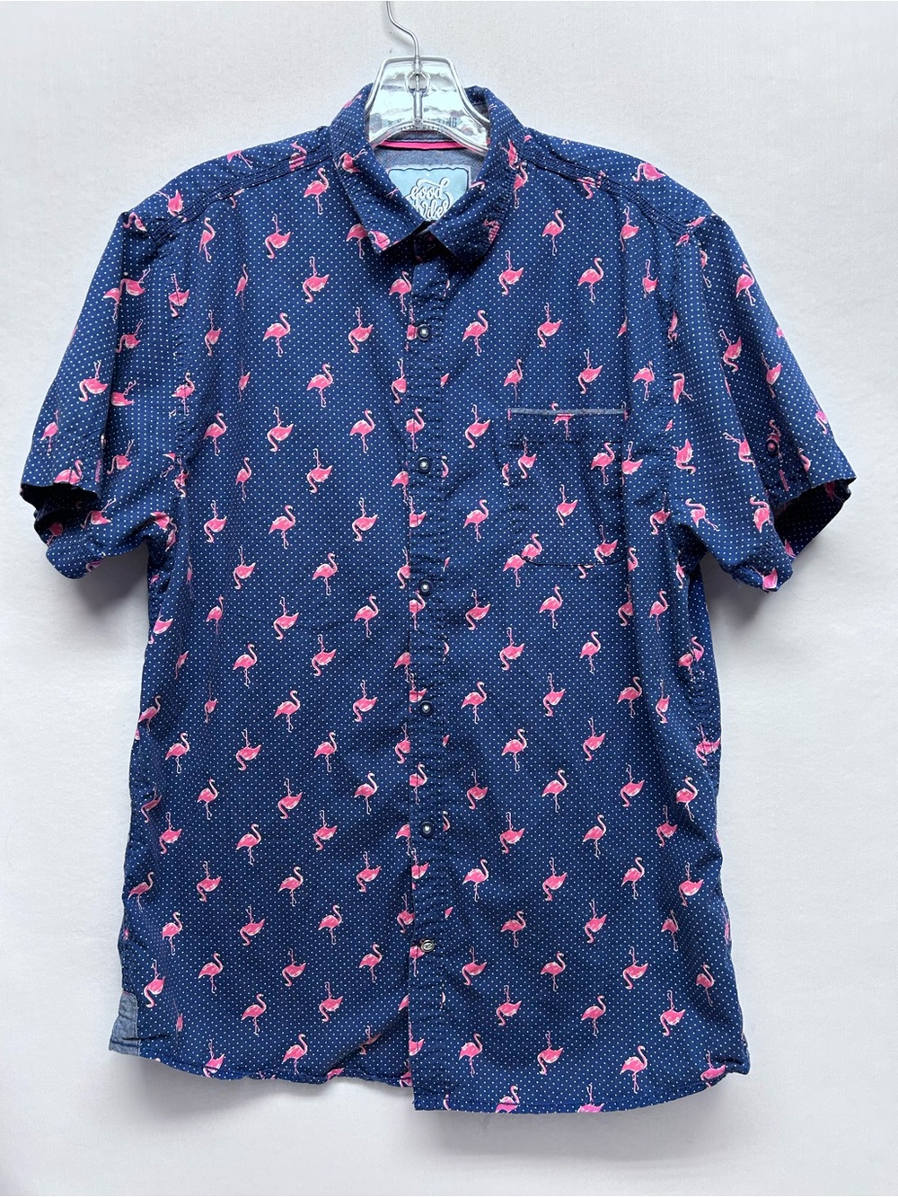 Men's Navy Flamingo Print Short-Sleeve Shirt large slim fitting L